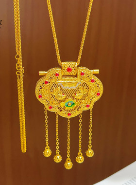 越南沙金999烧蓝金玉满堂荷花锦鲤天子门生锁包项链流苏毛衣链女