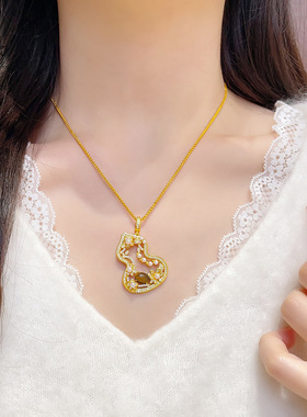 金店款越南沙金镂空虎眼珍珠葫芦吊坠项链花窗福禄耳钉仿真金国风