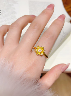 金店同款越南沙金拉丝点钻灼灼花开戒指丝绸六瓣花耳钉仿真金百搭