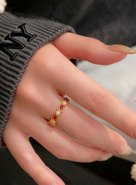 越南沙金轻奢vitage复古彩宝马眼戒指高级感沙金红刚玉开口女戒