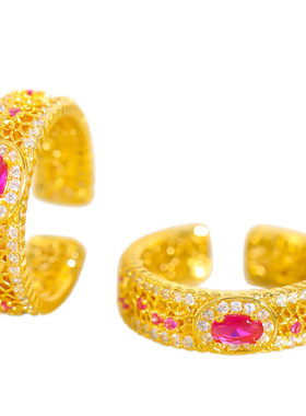 金店同款越南沙金999玫红镶钻云窗彩熠开口戒指法式轻奢食指戒女