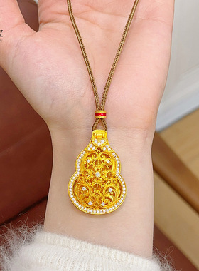 新中式古法沙金镂空点钻葫芦财神吊坠项链可打开六字真言毛衣链女