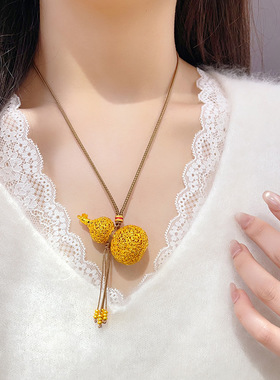 越南沙金镂空花丝葫芦流苏盘缠吊坠项链素面福禄毛衣链防金国风女