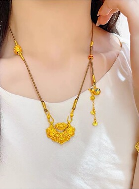 古法越南沙金999锦鲤锁包天鹅扣双钩项链新中式葫芦流苏毛衣链女