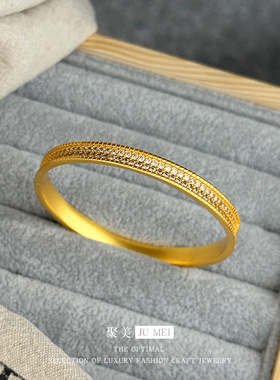 越南沙金不掉色双排钻手镯女满钻莫桑钻镶嵌哑光卡扣仿真金色手环