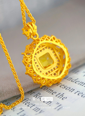 越南沙金vitage复古方糖大黄钻吊坠精致仿真金色项链送闺蜜礼物
