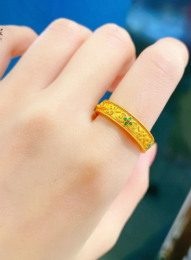 金店同款沙金古法祥云四叶草戒指男女开口实心烧蓝珐琅彩指环