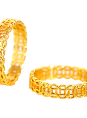 金店同款强保色沙金金镂空暴富铜钱戒指满圈钱币食指戒情侣款指环