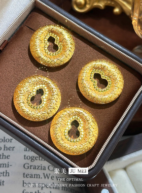 国潮新中式越南沙金戗刻柔光祥云葫芦平安扣仿真金色吊坠毛衣链女