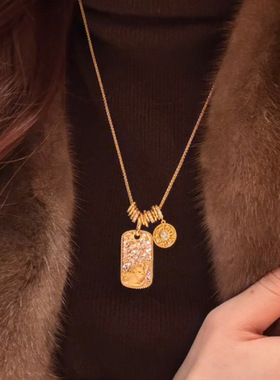 金店同款越南沙金999镶钻碎碎冰慵懒猫方牌跑环项链太阳纹锁骨链