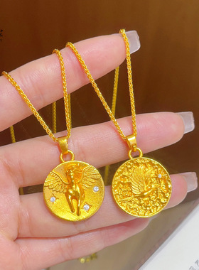 新中式越南沙金点钻飞马独角兽圆牌吊坠项链实心星芒挂坠仿真金色