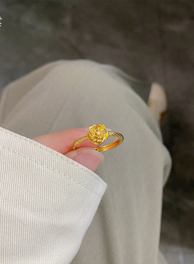 越南沙金不掉色金玫瑰花戒指可调节食指戒素圈小花朵指环戒子轻奢