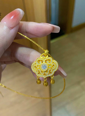金店同款沙金999点钻平安锁包项圈吊坠花丝福寿如意锁骨链送女友