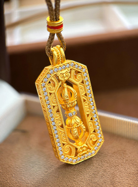 新款古法越南沙金点钻旋转金刚杵吊坠毛衣链天珠方牌仿真金色挂坠