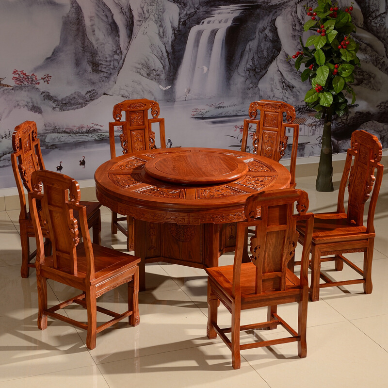 中式实木雕花家具餐厅家用圆形饭桌红木餐桌圆桌花梨木餐桌椅组合