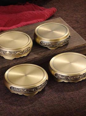 黄铜彷古雕花圆形底座中式田园山水香炉底座家用工艺礼品摆饰底托