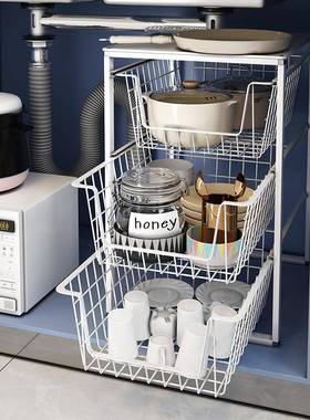 厨房双层抽拉式置物架下水槽拉篮抽屉柜橱柜内隔层筐蔬菜收圣之圣