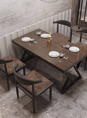 工业风复古烧烤火锅店实木餐桌椅组合商用饭店餐厅铁艺长方形桌子