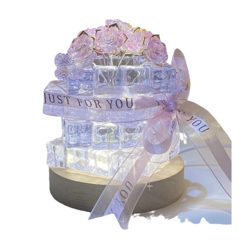 玫瑰花冰块小夜灯手工diy材料包高颜值氛围灯七夕节礼物送女朋友 - 图3