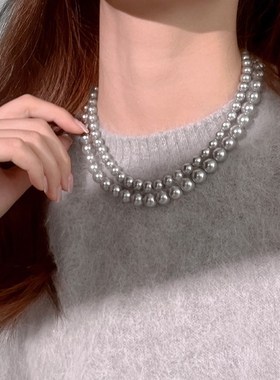清冷银灰色水晶珍珠项链时尚轻A奢气质毛衣锁骨链小众轻奢百搭配
