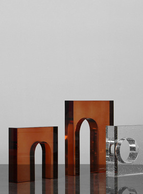 现代简约创意蓝色透明水晶几何拱门装饰摆件 水磨石书档书靠镇纸