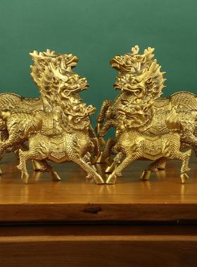 铜麒麟摆件站财富火麒麟摆件一对财福麒麟铜器工艺品