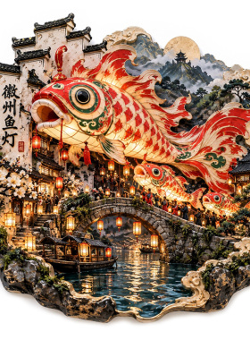 【徽州鱼灯马头墙冰箱贴】巨型鱼灯石拱桥国风非遗安徽黄山文创品