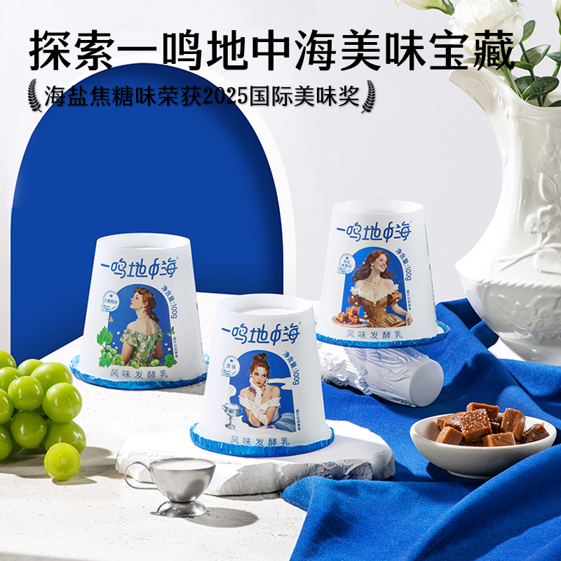 一鸣地中海酸奶炭烧风味海盐焦糖果粒原味酸奶100g*15杯