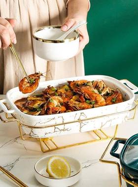 北欧长方形双耳陶瓷砂锅创意锅架带烛托陶瓷干锅烤盘轻火加热餐具