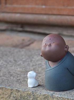 创意禅意紫砂陶瓷家居装饰品可爱小和尚沙弥办公桌飘窗书架摆件