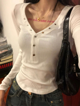 American spicy girl V collar collection waist positive shoulder long sleeve undershirt female spring autumn-winter stay with a supercharged blouse