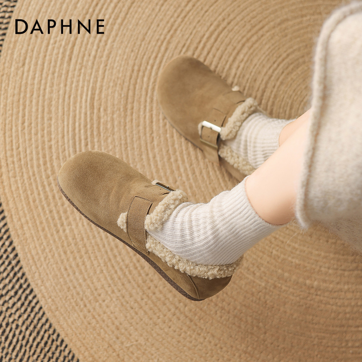 达芙妮加绒勃肯鞋女2025新款秋冬季毛绒保暖懒人鞋平底棉鞋雪地靴,淘宝优惠券,粉丝福利购,淘宝优惠卷