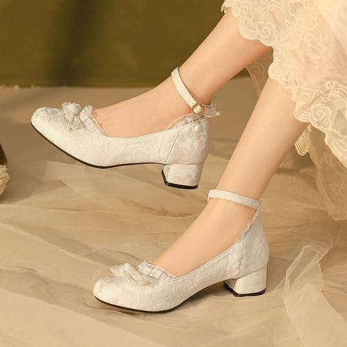 新中式国风女童汉服鞋古装儿童高跟鞋公主走秀女孩配旗袍鞋子白色 - 图0