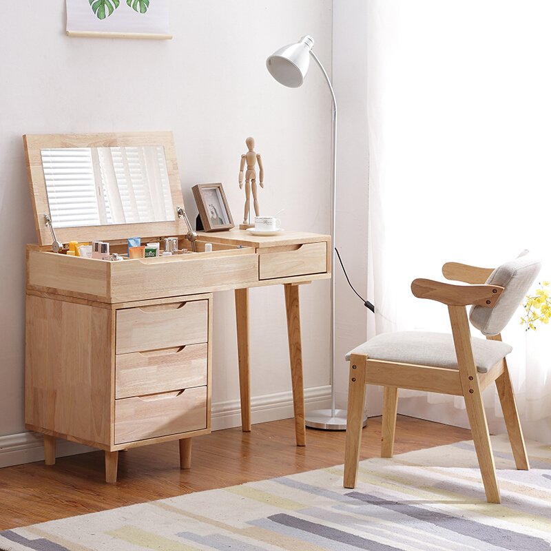 梳妆台卧室约家用可伸缩实木书桌一体小户型翻盖原木收纳柜-图0