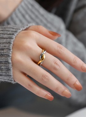 不掉色~设计感小众金银撞色波浪戒指女指环简约冷淡风通勤时尚