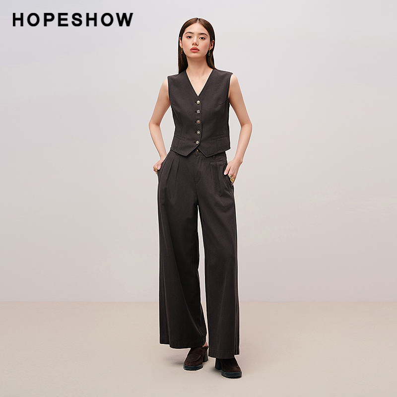 红袖商场同款HOPESHOW2025秋新款女装撞色单排扣收腰V领短款马甲 - 图1