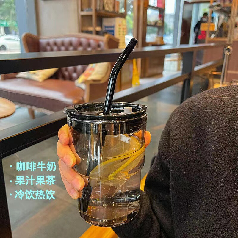 ins简约透明高硼硅玻璃杯设计师办公吸管早餐咖啡水杯茶色随行杯L - 图0