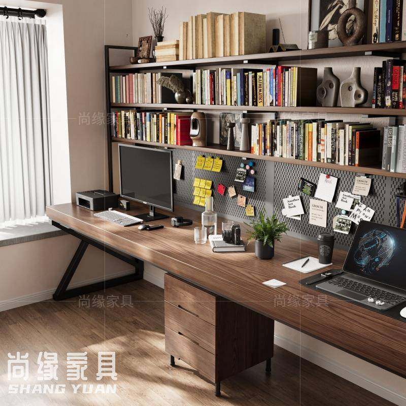 loft实木双人书桌书架一体家用长条桌子工作台书房靠墙学习电脑桌,淘宝优惠券,粉丝福利购,淘宝优惠卷