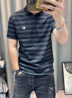 潮牌青条纹短袖pol衫男士年夏季新款天丝棉麻半袖体o恤XOJ衫男装