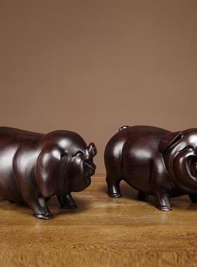 黑檀实木质雕刻一对猪摆件十二生肖情侣动物猪家居装饰红木工艺品