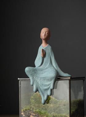 中式禅意紫砂小和尚摆件家居客厅书房鱼缸创意造景园艺花盆装饰品