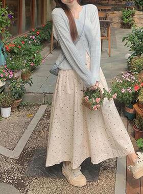 十三行波点松紧高腰半身裙女清新文艺复古温柔风中长款休闲A字裙