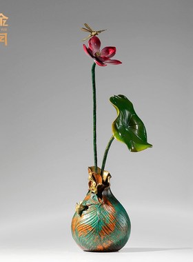 《和和美美》铜金k岁月荷花黄铜摆件工艺品新中式家居客厅玄关装