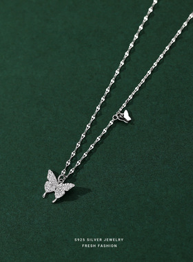 满钻蝴蝶足银项链女双蝴蝶轻奢设计小众轻奢感时尚锁骨链s925纯银
