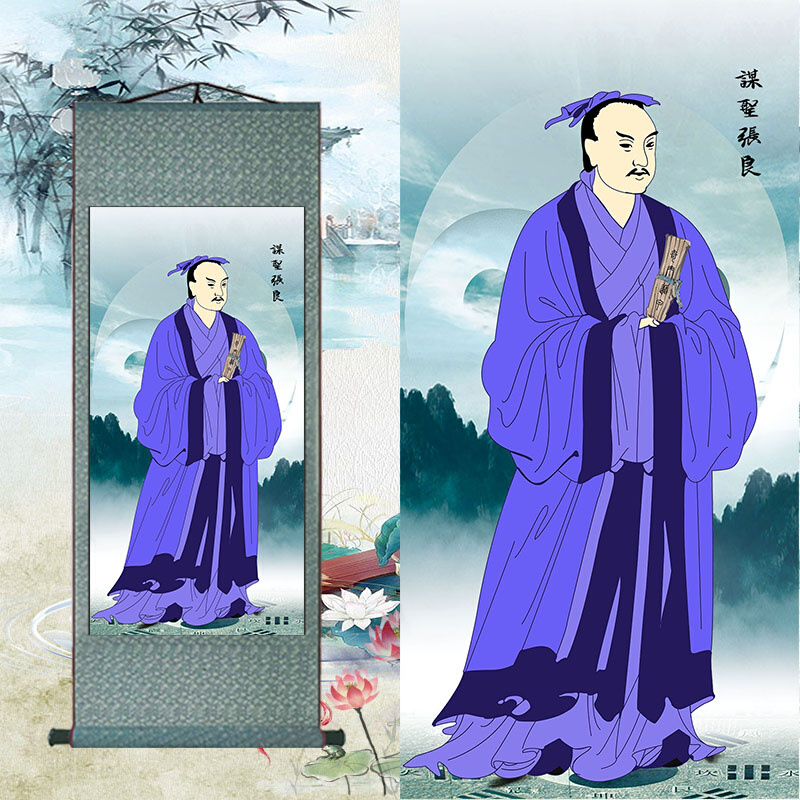 奇门遁甲祖师宗师 张良画像 十二圣贤谋圣丝绸卷轴挂画装饰画包邮 - 图0