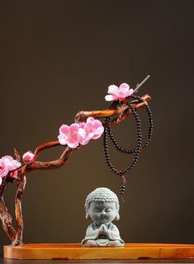 创意木头枯木树根底座陶瓷小沙弥茶室玄关中式家居装饰品禅意摆件