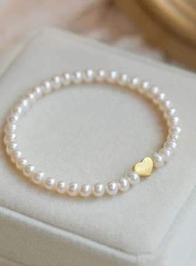 天然淡水珍珠手链女高级感纯银爱心吊坠可调节弹性简约百搭礼物绳