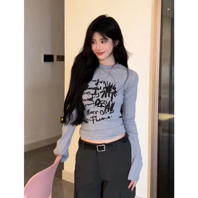 美式复古插肩涂鸦印花长袖t恤女春秋H冬紧身打底内搭显瘦辣妹上衣