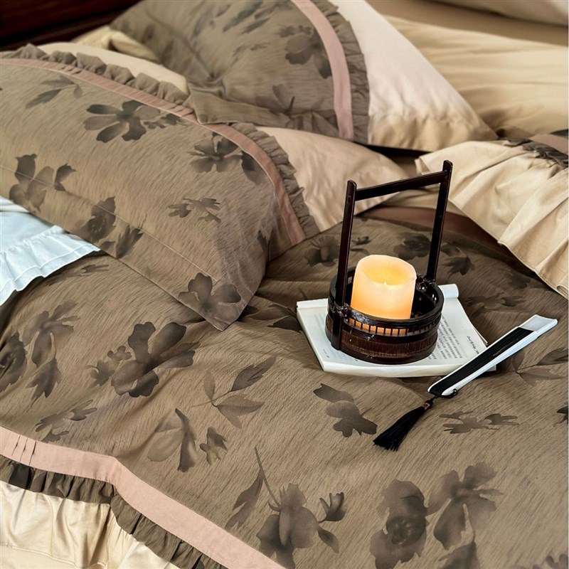 中式复古花边轻奢锦缎提花100支澳棉民宿床上用品被套四件套 - 图0