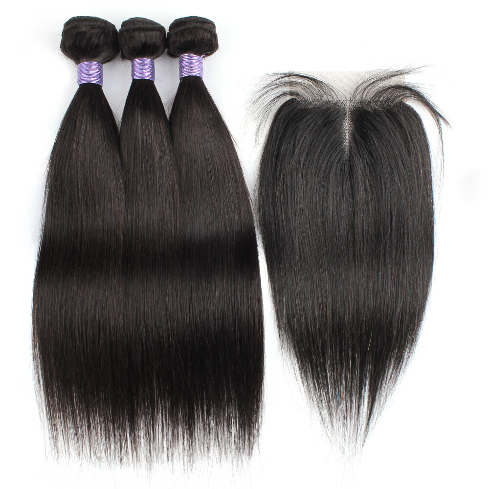 Natural color hair bundles with closure straight 200g/set Br-图0